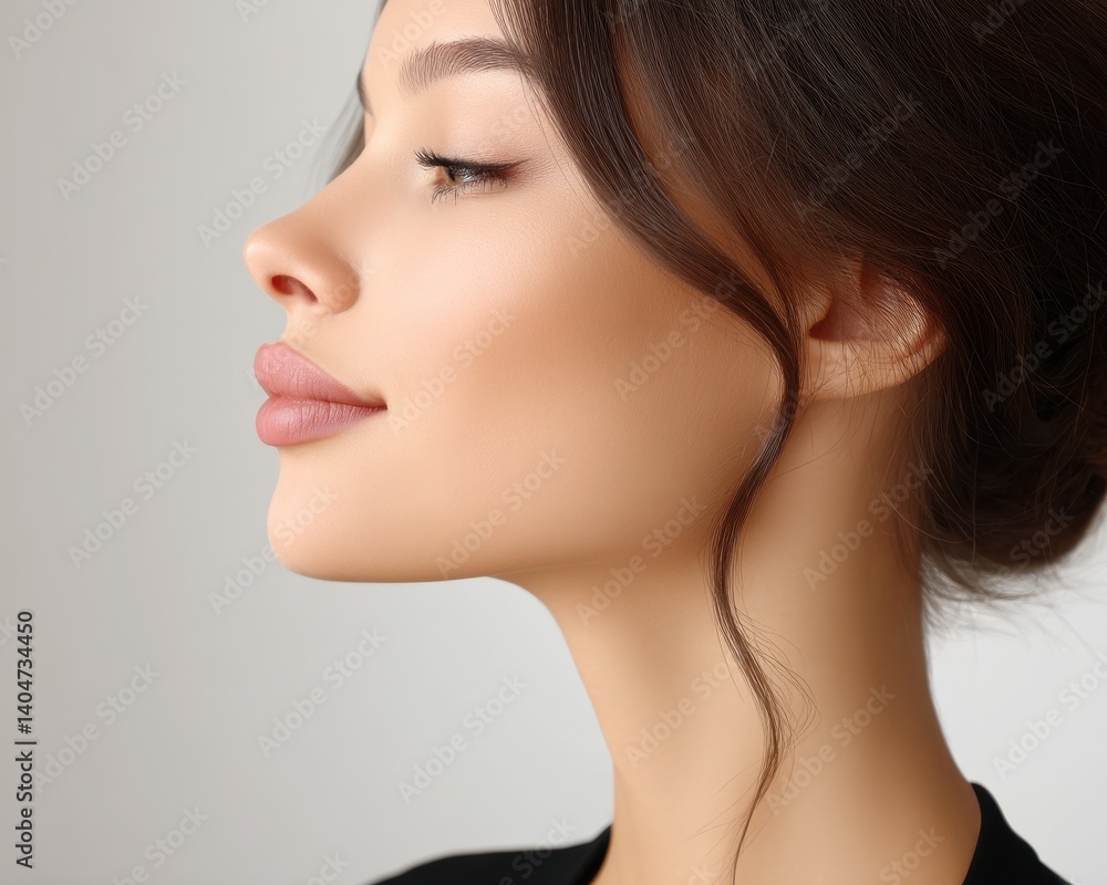 Elegant Close-Up Portrait of a Beautiful Woman with Flawless Skin and Natural Makeup Elegant Close-Up Portrait of a Beautiful Woman with Flawless Skin and Natural Makeup