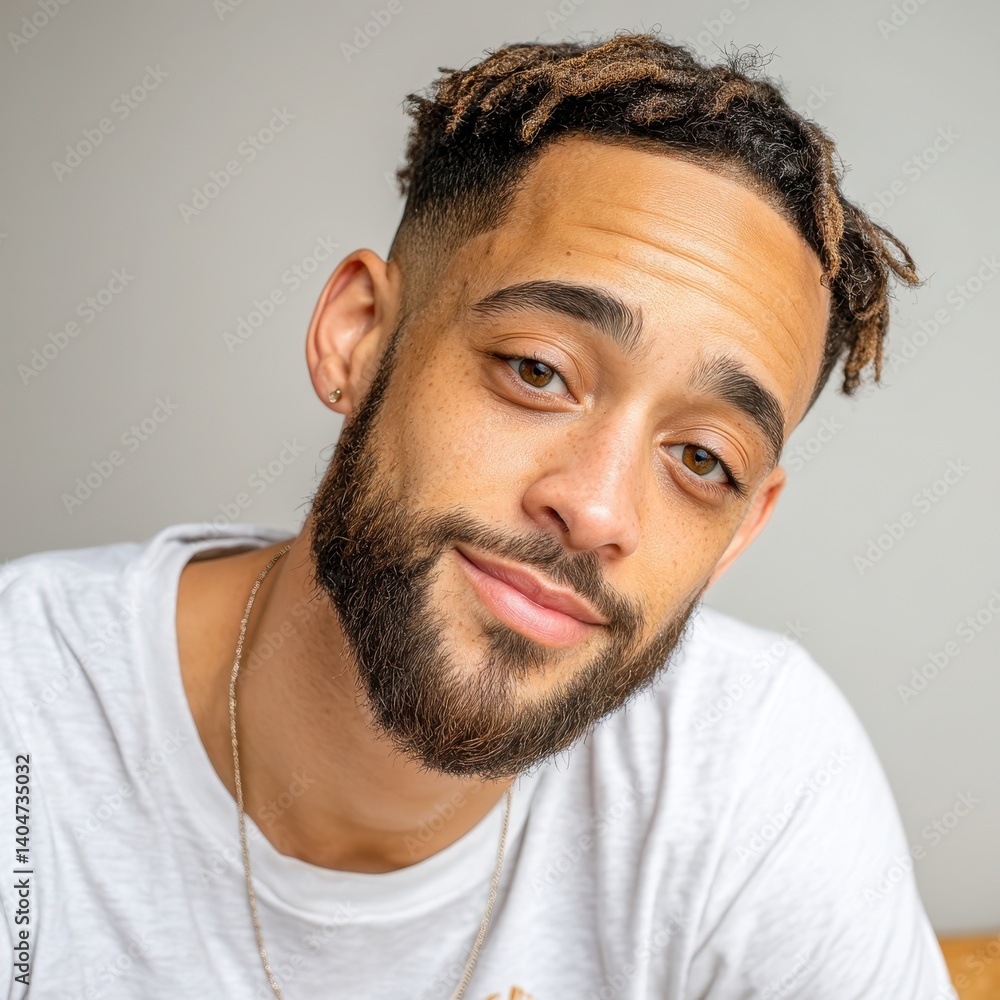 Fototapeta premium Elegant Close-Up Portrait of a Young Man with Brown Eyes and Stylish Hair