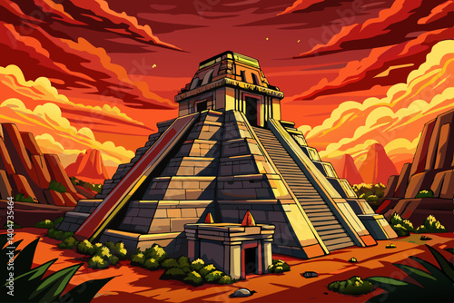 Gran Plaza vector at the archaeological site Tikal Guatemala at sunset time