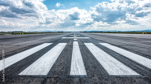 Serene Perspective of a Wide Airport Runway Under a Dramatic Sky with Clouds and Blue Horizon