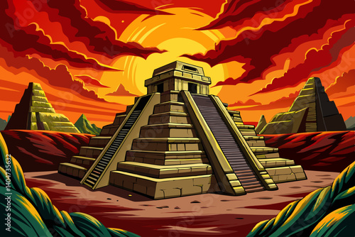 Gran Plaza vector at the archaeological site Tikal Guatemala at sunset time