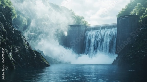 Majestic Dam Waterfall in Misty Mountain Landscape