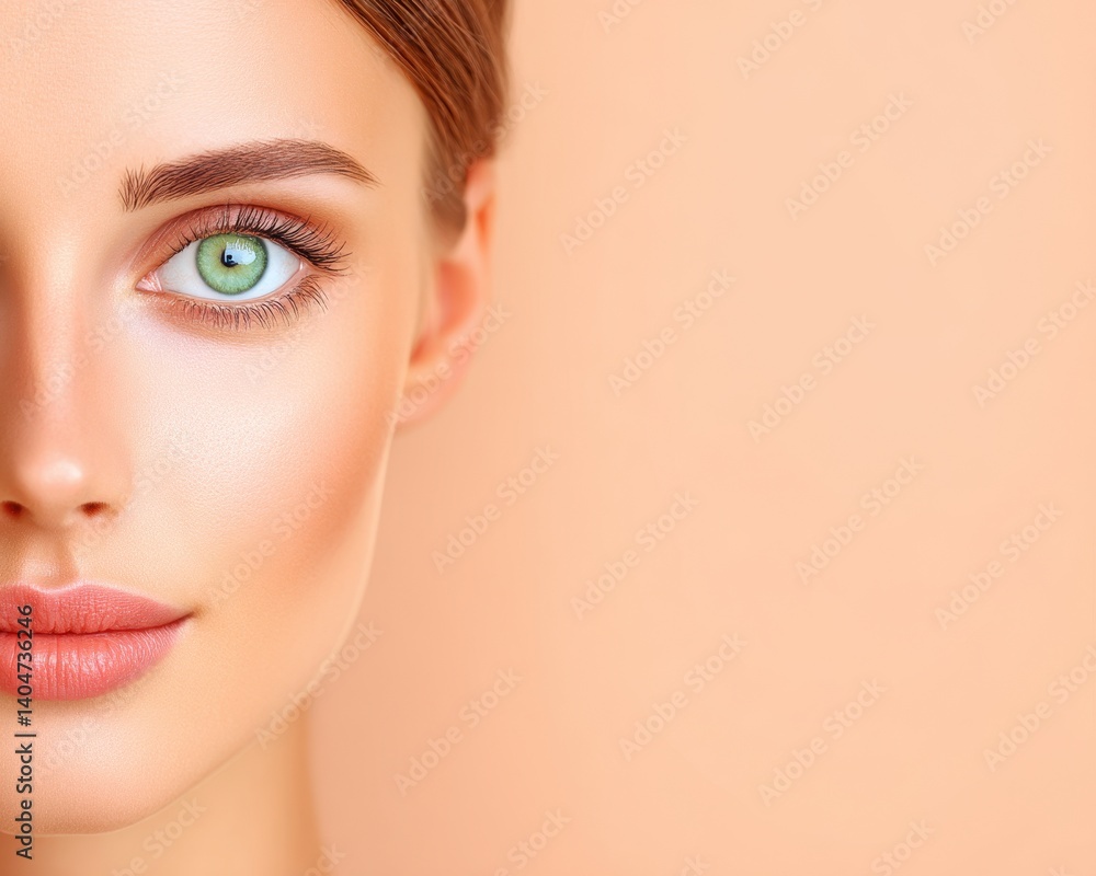 Naklejka premium Elegant Close-Up Portrait of a Realistic Woman's Face with Green Eyes Against Soft Background