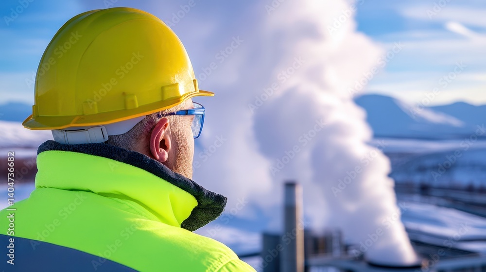 Individual in a yellow hard hat and high-visibility jacket watches steam rising from a geothermal power plant in a snowy environment under clear blue skies