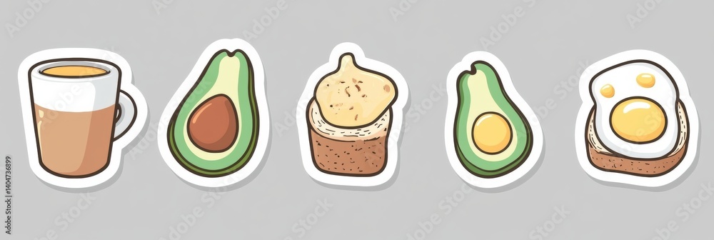 Food-themed stickers featuring avocado, coffee, toast, and eggs in a fun and modern design suitable for various culinary projects