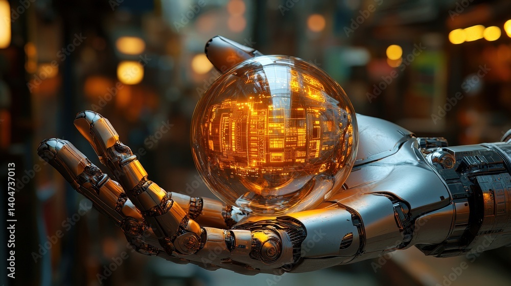 A metallic robotic hand delicately holds a luminous orb filled with intricate patterns. The background features a bustling, illuminated urban landscape, showcasing advanced technology