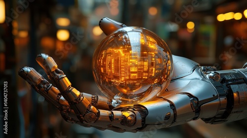 Obraz na płótnie A metallic robotic hand delicately holds a luminous orb filled with intricate patterns. The background features a bustling, illuminated urban landscape, showcasing advanced technology w salonie