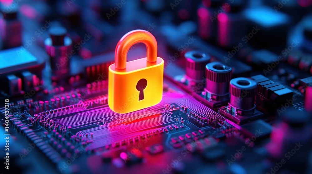 A bright yellow padlock is prominently displayed on a colorful circuit board, symbolizing digital security and data protection in a technology-rich environment at night