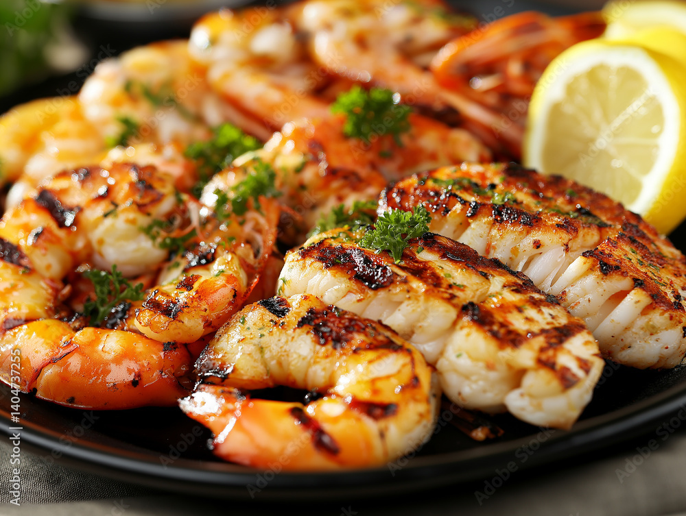 A plate of grilled shrimp with lemon slices, sprinkled with herbs and chili powder, set against a black background, making it look especially appetizing. A plate of grilled shrimp with lemon slices, sprinkled with herbs and chili powder, set against a black background, making it look especially appetizing.