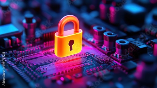 Obraz na płótnie A bright yellow padlock is prominently displayed on a colorful circuit board, symbolizing digital security and data protection in a technology-rich environment at night w salonie