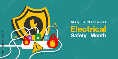 May is National Electrical Month. Shield, cable, flame and more. Great for posters, banners, social media and more. Green background.