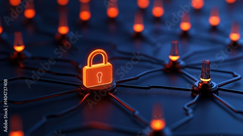 A glowing padlock symbolizes network security amid interconnected nodes on a dark background. This represents cybersecurity in a digital landscape focused on protection
