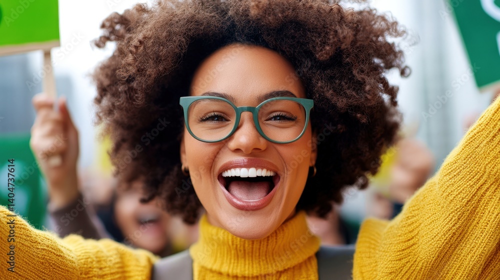A joyful woman with curly hair and glasses smiles widely while holding up a sign at an outdoor rally among a crowd in an urban setting. Bright daylight enhances the festive atmosphere
