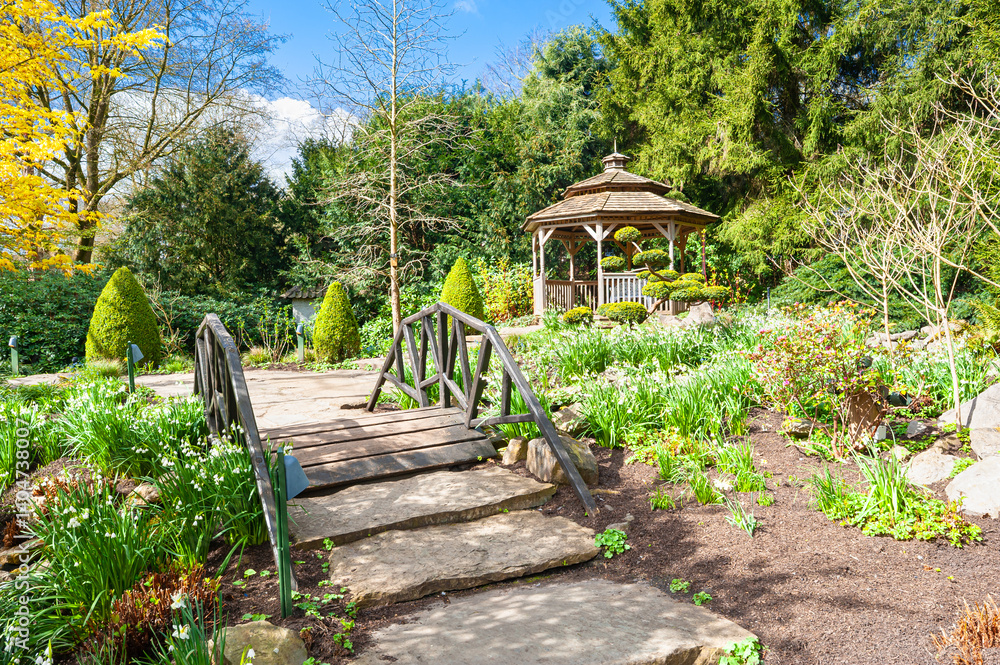 Beautiful view of a bridge in a botanical garden on a sunny day in spring Beautiful view of a bridge in a botanical garden on a sunny day in spring