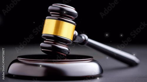 Close-up view of a polished gavel resting on a podium during a legal proceeding in a court environment
