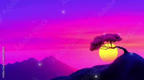 Stunning sunset over mountains with vibrant colors and a solitary tree silhouetted against the sky
