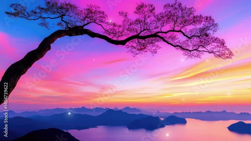 Vibrant sunset over mountains and water with a lone tree silhouetted against the colorful sky