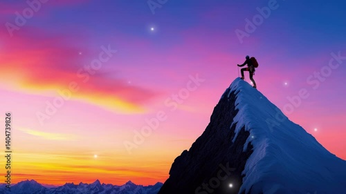 Climber reaches summit of steep mountain at sunset, showcasing bravery and determination against a vibrant sky