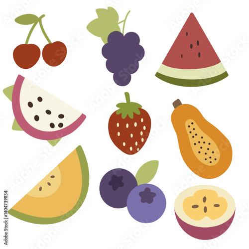 A charming and colorful vector illustration showcasing nine distinct and popular fruits. Each fruit is depicted in a simple, flat, and slightly cartoonish style with clean lines and bright, appealing.