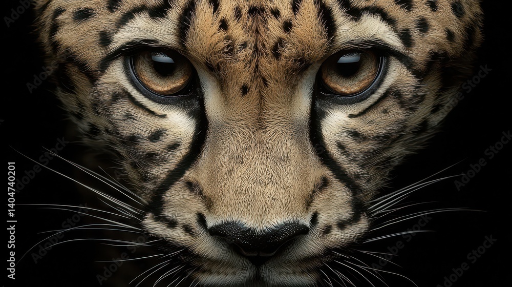 Fototapeta premium Intense Close-up of a Leopard's Face Showcasing Beautiful Spots and Striking Eyes Against a Dark Background