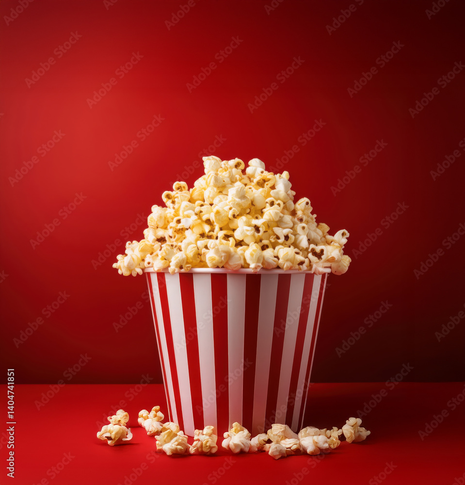popcorn in a red box, popcorn in a paper box on red background popcorn in a red box, popcorn in a paper box on red background