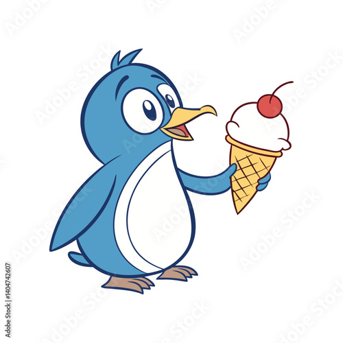 Cartoon penguin with ice cream. Penguin eats an ice cream