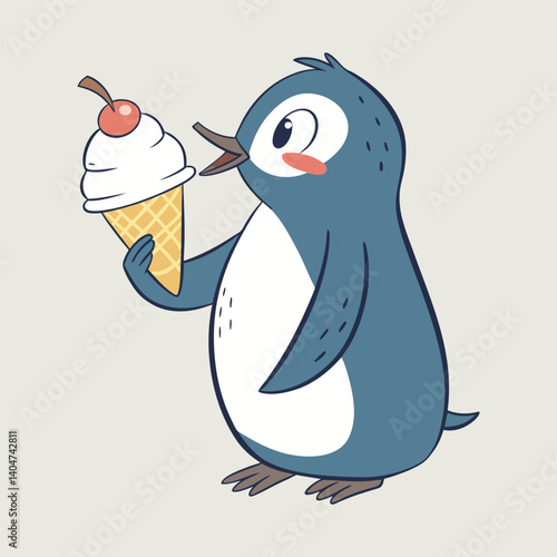 Cartoon penguin with ice cream. Penguin eats an ice cream