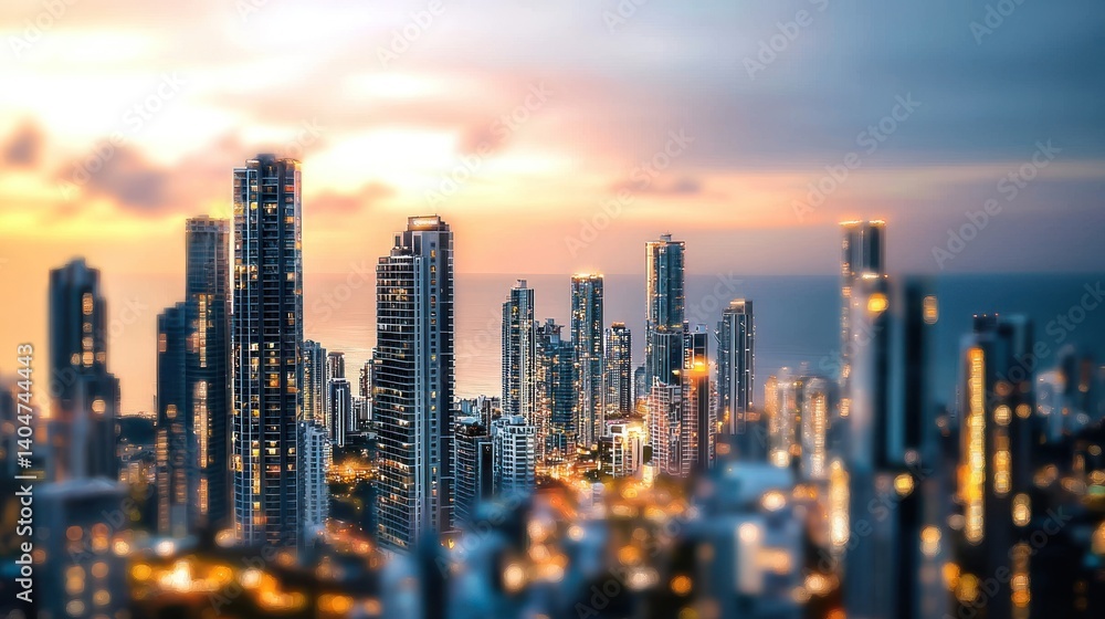 Obraz premium Panoramic Cityscape at Sunset: A Miniature-Effect City View