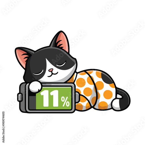 A cute cartoon vector illustration shows a happy black feline kitty, a domestic pet cat with a gift for a funny mouse animal