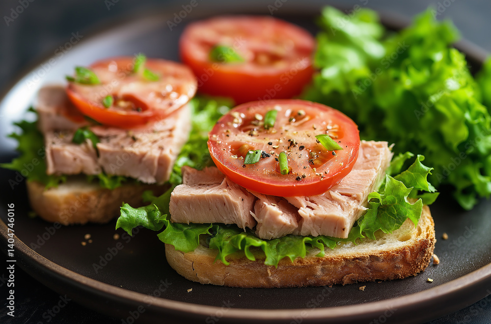 Three sandwiches with tuna, tomatoes, and lettuce, placed on a black plate with a dark wooden background. Three sandwiches with tuna, tomatoes, and lettuce, placed on a black plate with a dark wooden background.