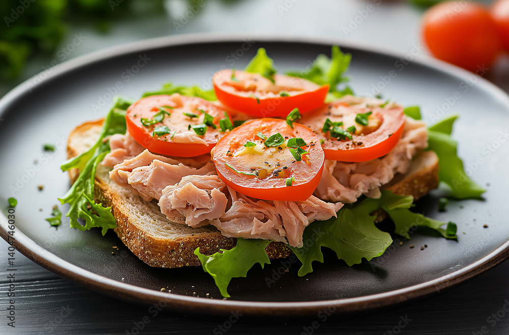 Three sandwiches with tuna, tomatoes, and lettuce, placed on a black plate with a dark wooden background. Three sandwiches with tuna, tomatoes, and lettuce, placed on a black plate with a dark wooden background.