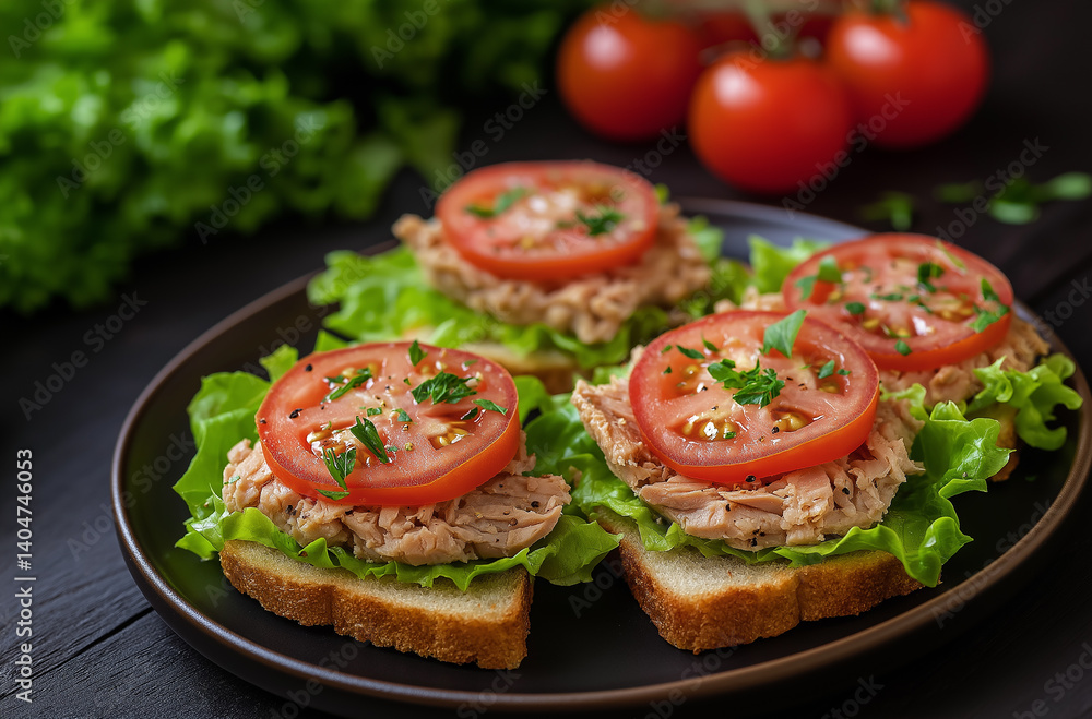 Three sandwiches with tuna, tomatoes, and lettuce, placed on a black plate with a dark wooden background. Three sandwiches with tuna, tomatoes, and lettuce, placed on a black plate with a dark wooden background.