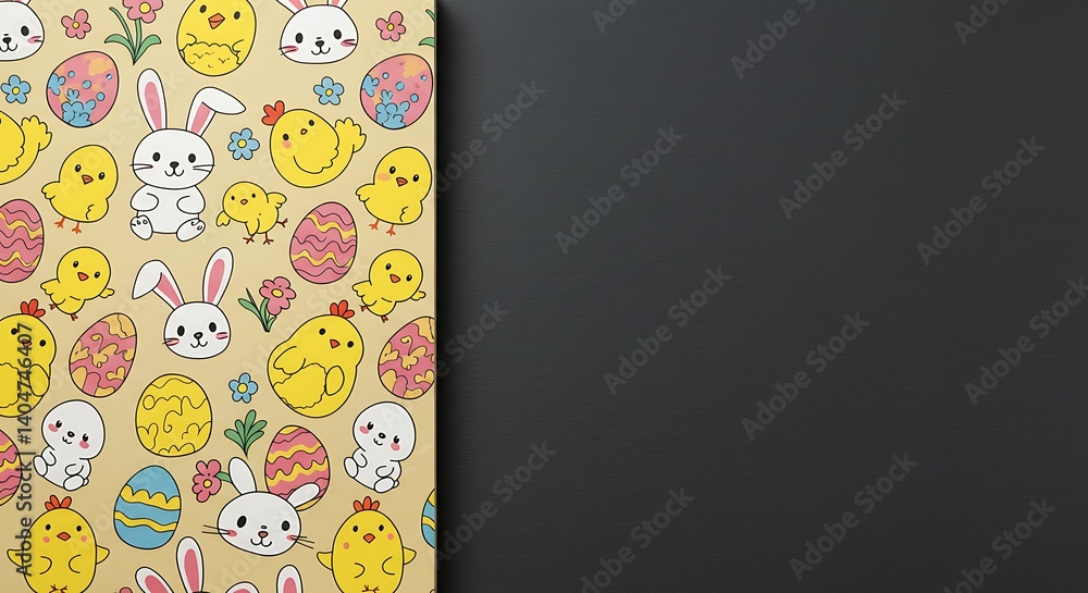 Cheerful Easter-themed pattern featuring cartoon rabbits, chicks, and decorated eggs on a beige background, contrasted with dark space on the right Cheerful Easter-themed pattern featuring cartoon rabbits, chicks, and decorated eggs on a beige background, contrasted with dark space on the right