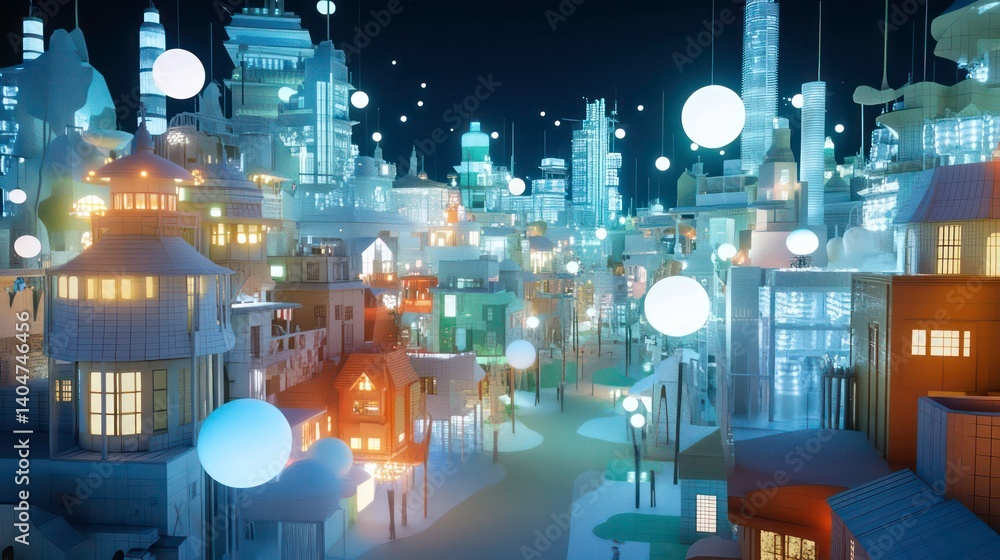 Obraz premium Night cityscape with glowing buildings and floating orbs.