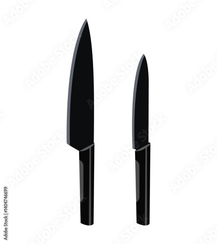 Kitchen knife set with black handles including serrated and straight edge blades for cooking