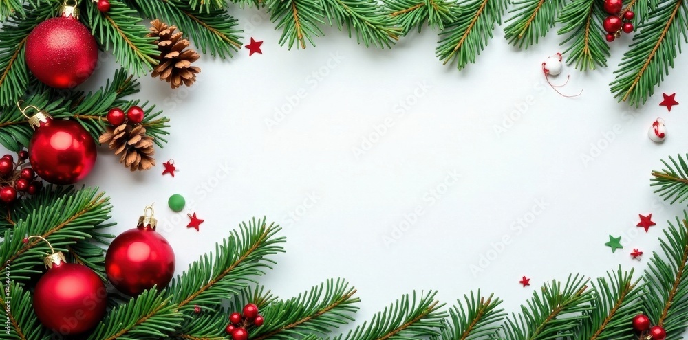 Festive red, green, white ornaments & pine branches border , backdrop, decoration Festive red, green, white ornaments & pine branches border , backdrop, decoration