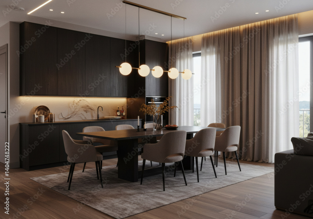 Fototapeta premium Luxurious minimalist dining room with polished stone table and warm lighting