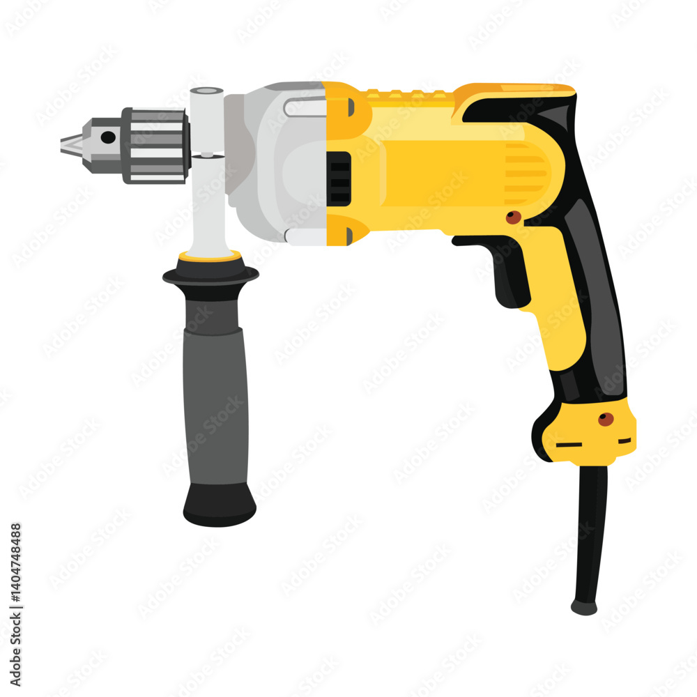 Electric handheld power drill with side handle and yellow black body isolated on white background Electric handheld power drill with side handle and yellow black body isolated on white background