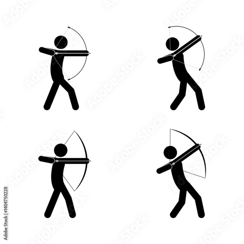 Set of archery stick figures isolated on white background. Flat style, vector illustration.