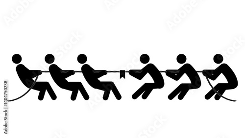 Set of stick figures tug of war on a white background. Flat style, vector illustration.