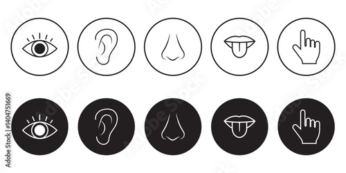 Human senses icon set. Vision eye, smell nose, hearing ear, touch hand, taste mouth with tongue. Simple line icons and black circle. Five senses of human nervous system.