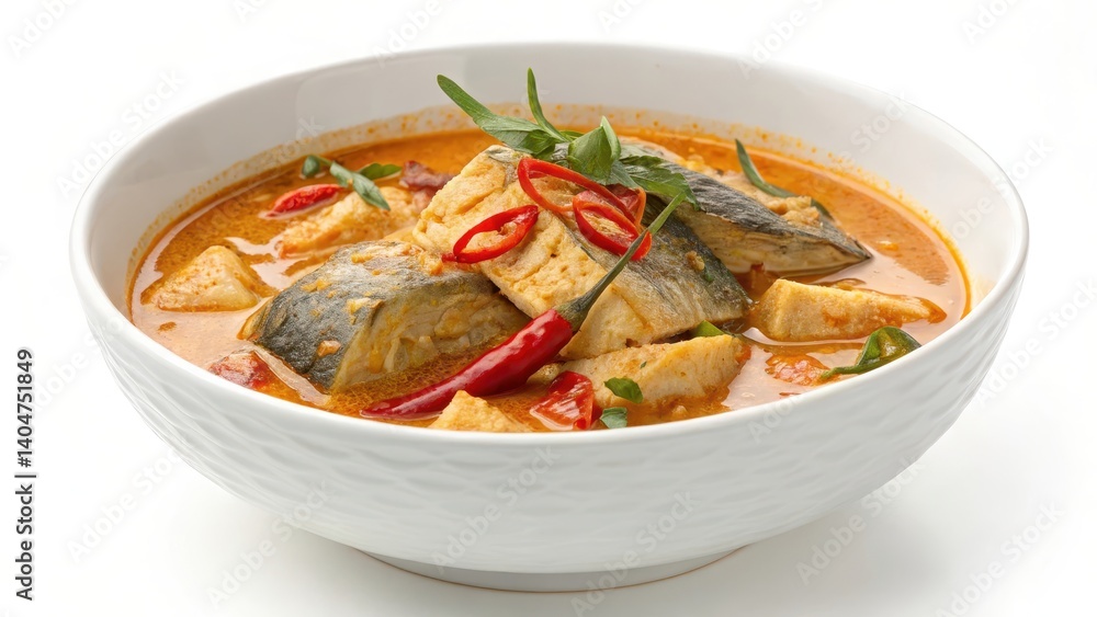 Spicy Mackerel Curry: A bowl of aromatic Thai mackerel curry brimming with vibrant flavors. This mouthwatering dish showcases tender mackerel pieces simmered in a creamy coconut milk-based broth. Spicy Mackerel Curry: A bowl of aromatic Thai mackerel curry brimming with vibrant flavors. This mouthwatering dish showcases tender mackerel pieces simmered in a creamy coconut milk-based broth.