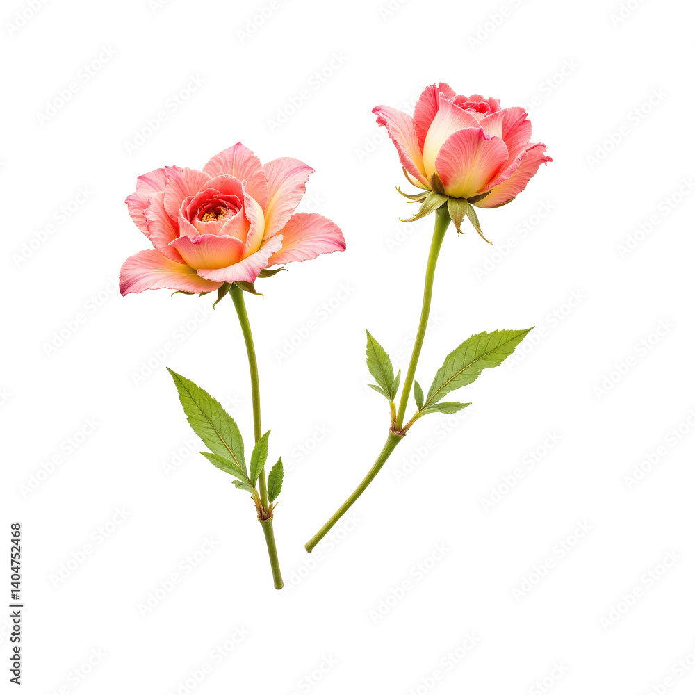 Two beautiful pink roses with green stems and leaves, isolated on transparent background. Two beautiful pink roses with green stems and leaves, isolated on transparent background.