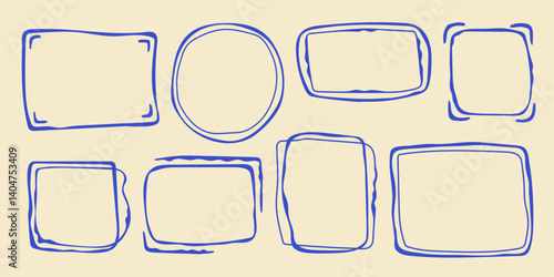 Wavy stamp frame set, vector hand drawn curved borders, abstract wiggle empty wavy curly monograms cadres. Minimalist squiggle scribble swirl design elements. Isolated. Vector illustration.