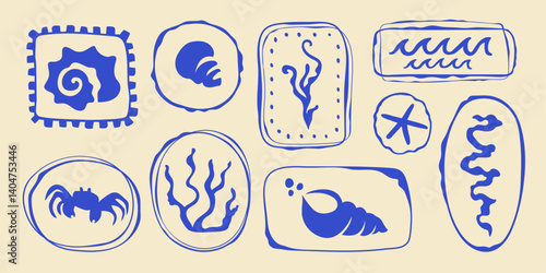 Stamp marine travel set, hand drawn curved summer ocean borders, abstract wavy curly emblem with seashells algae corals water cancer crab. Minimalist organic form silhouette design postal letter decor