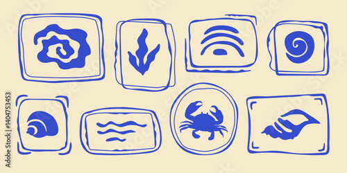 Stamp marine travel set, hand drawn curved summer ocean borders, abstract wavy curly emblem with seashells algae corals water cancer crab. Minimalist organic form silhouette design postal letter decor