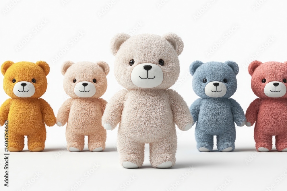 Colorful Plush Bear Toys Standing in a Row on White Background Colorful Plush Bear Toys Standing in a Row on White Background