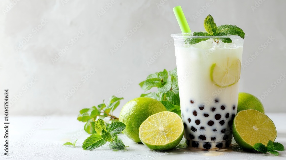 Fototapeta premium Refreshing Lime Boba Tea: A Creamy, Cool, and Vibrant Drink