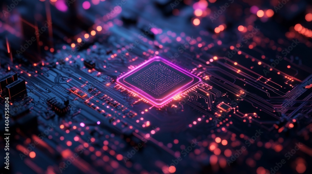 A vivid depiction of a cyberpunk motherboard, highlighting intricate electronic pathways glowing in blue and red neon, reflecting a futuristic digital theme A vivid depiction of a cyberpunk motherboard, highlighting intricate electronic pathways glowing in blue and red neon, reflecting a futuristic digital theme