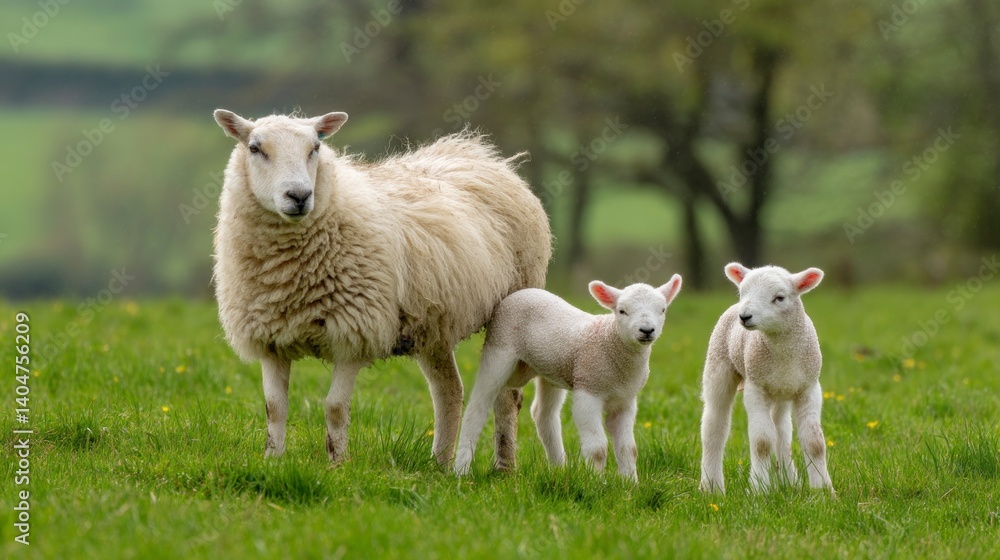 Ewe and Two Lambs: Pastoral Springtime Scene Ewe and Two Lambs: Pastoral Springtime Scene